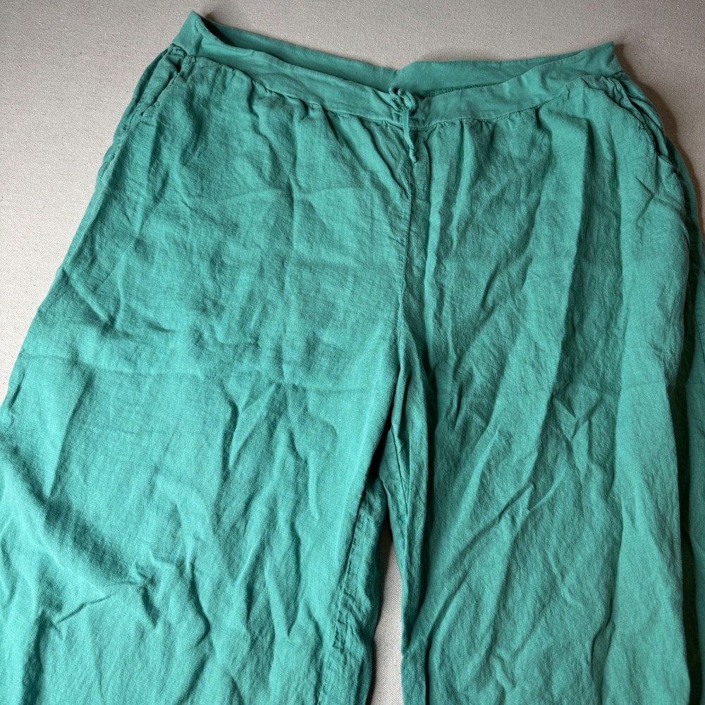 FLAX Women Teal Green 100% Linen Wide Leg Cropped Culotte Pants Size 3G